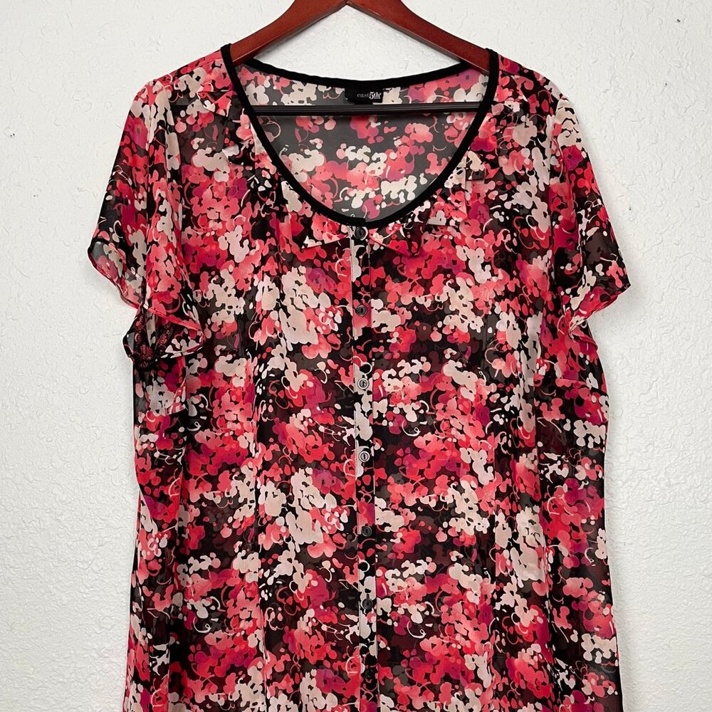 East 5th Womens Size 2X Pink Brown Floral Sheer Button Up Blouse Top 181